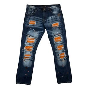 Arketype Mens Distressed Orange Patch Paint Splatter Jeans Dark Wash 38x34